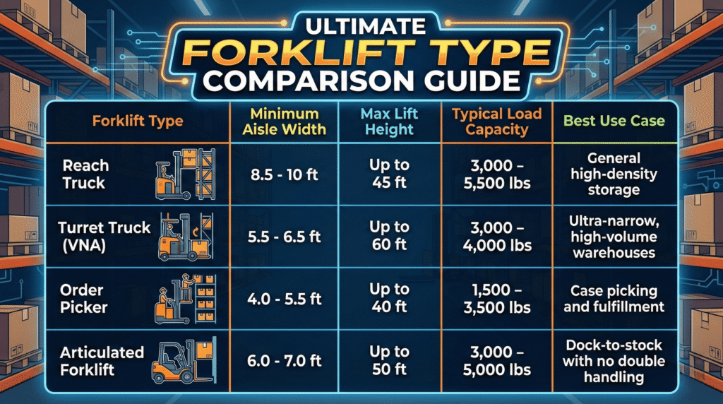 Narrow aisle forklift types